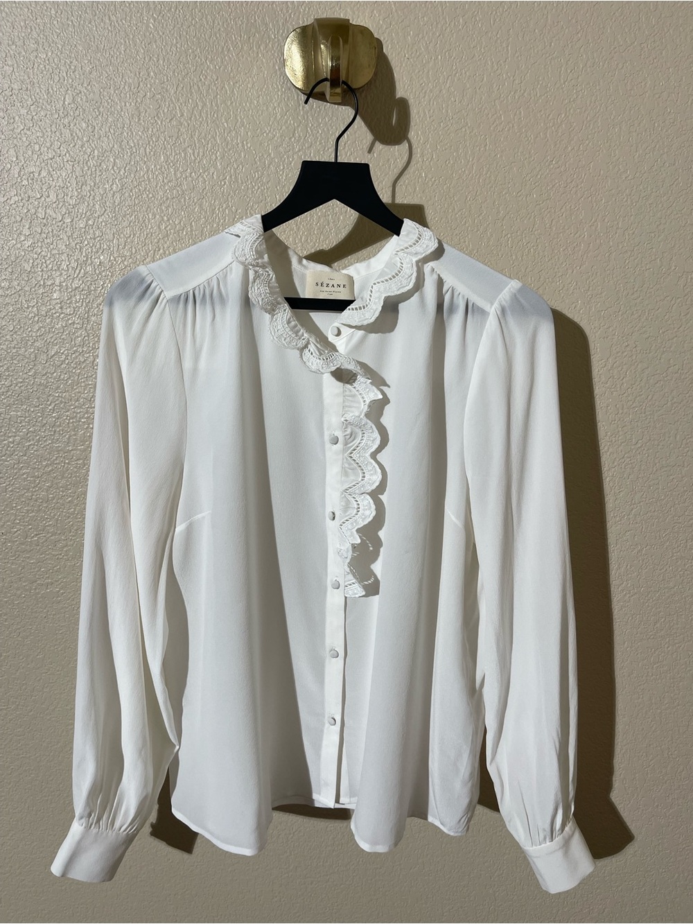 Sezane White Ruffled Lace-Trim Button-Down Blouse